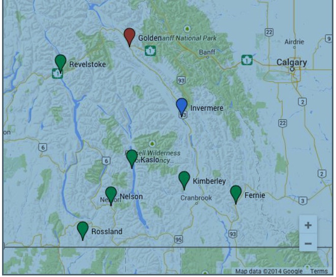 Figure 1. Map of KCC branch locations in Southeastern British Columbia.