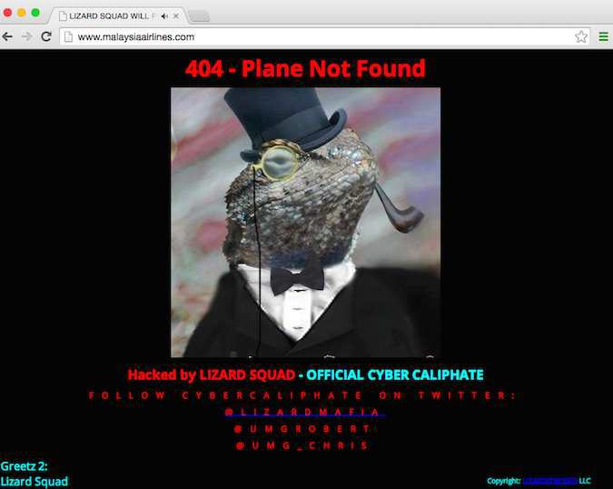 Figure 3. Malaysia Airlines website hacked by Islamic State jihadists known as Lizard Squad (AFP, 2015 “Hackers Target Malaysia Airlines,” para. 1).