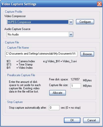 Video capture screen of the Fire-i program and associated settings