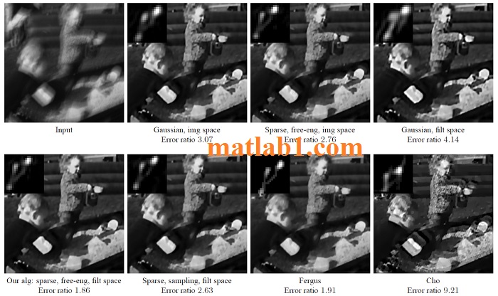 Recovered images for two test examples. We empirically observe that deconvolution results are visually plausible when the ratio of errors between deconvolution with the estimated kernel and deconvolution with the ground truth kernel is below 3.