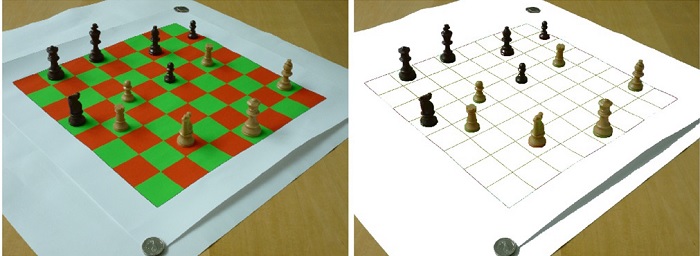 Chess board before and after setting red ang green squares to white