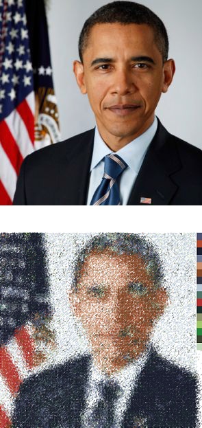 Original input image and the resulting pointillism art for the portrait of President Barack Obama.